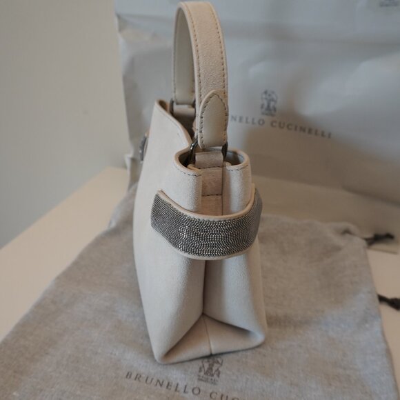 Brunello Cucinelli Essence Bag Small Ivory Suede Top Handle Monili Crossbody New - Picture 7 of 11